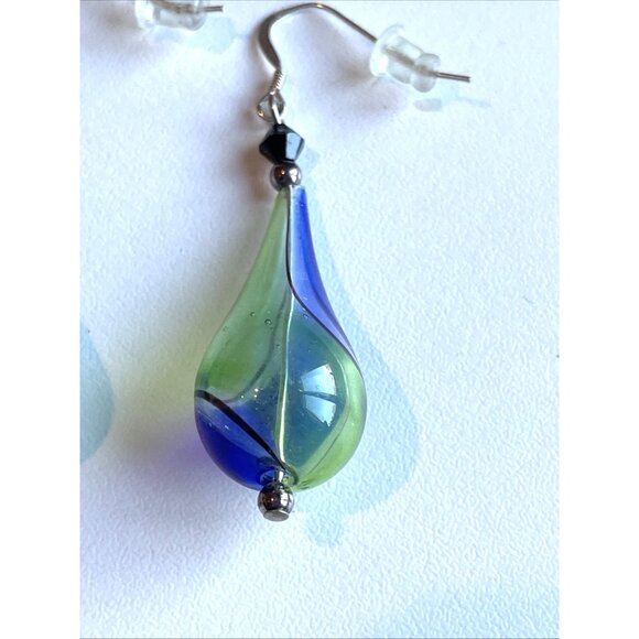 Vintage Murano Style Hand Blown Glass Earrings Blue Yellow Swirl Dangle NEW - Picture 4 of 5